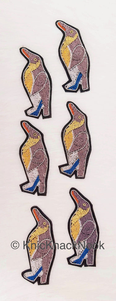 Hand Embroidered Penguins Applique In Grey, Silver, Gold
